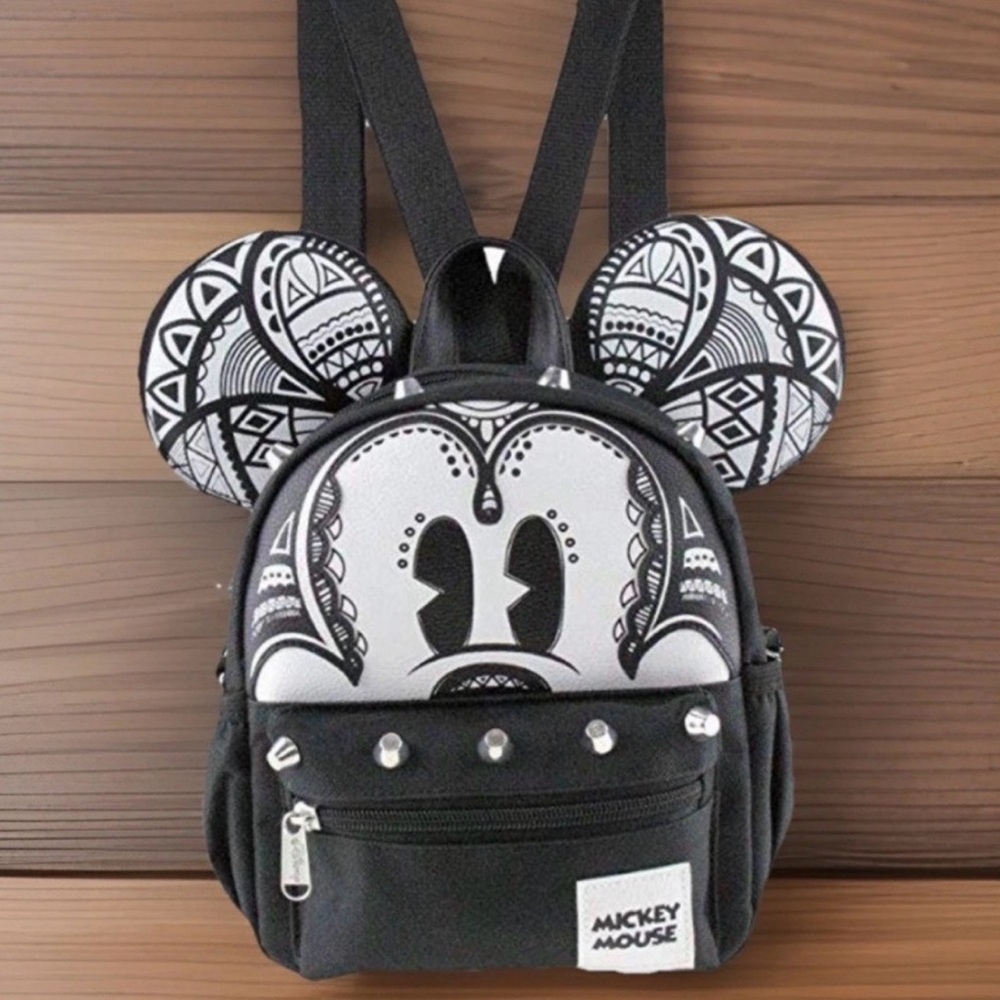 MICKEY MOUSE Backpack 2 In 1 Retro Mini Crossbody Black White Print Silver Studs